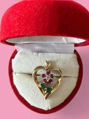 10K Gold Heart Pendant Ruby Emerald Diamond Flower Vintage Style Jewelry Y2K